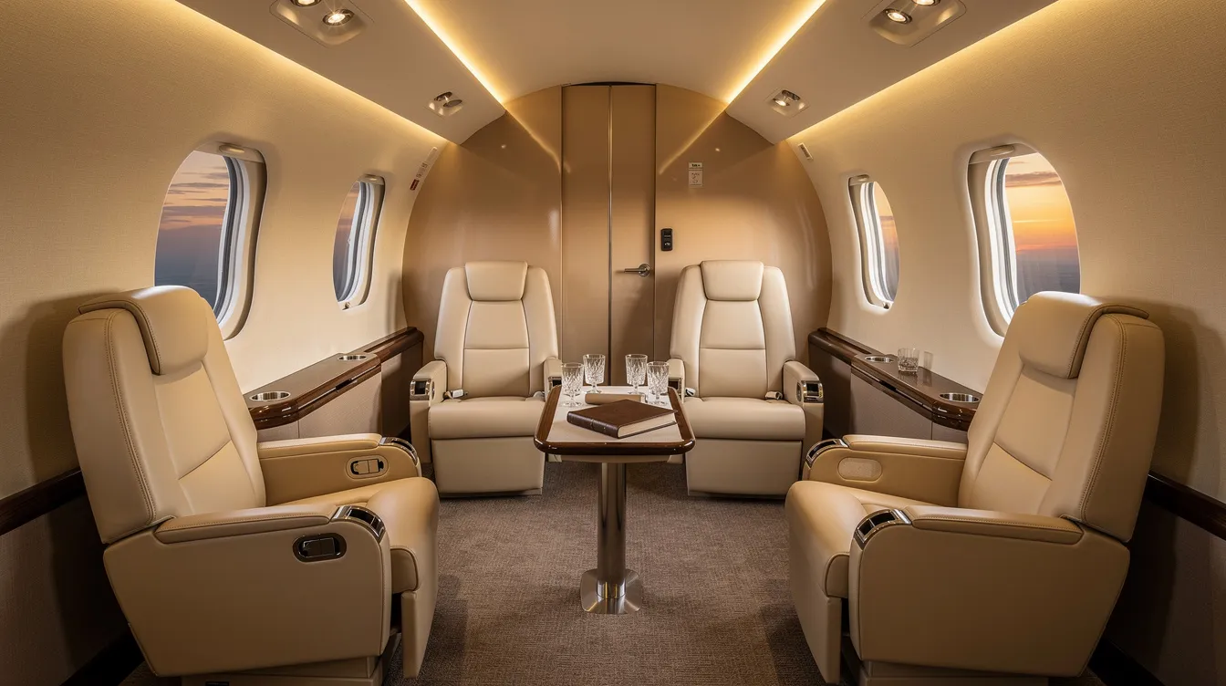 The image depicts a refined cabin interior of a luxury private jet, featuring plush club seats arranged for comfort and social interaction, bathed in warm ambient lighting that creates an inviting atmosphere. This spacious cabin is designed for discerning travelers, offering an opulent environment for both relaxation and business meetings.