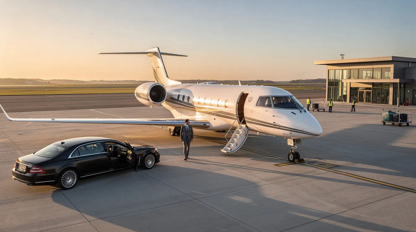 The image depicts a luxurious private jet parked at a private terminal, showcasing the elegance of private aviation. This setting highlights the convenience and personalized service of private jet charters, offering travelers flexibility and a cost-effective alternative to traditional commercial flights.