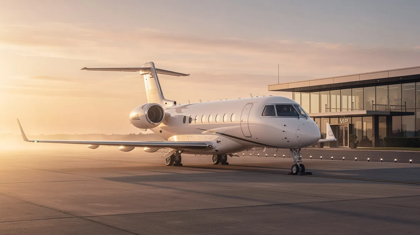 A sleek private jet is parked beside a quiet private terminal, bathed in the warm glow of sunrise, highlighting the luxury and convenience of private jet travel. This scene captures the essence of flying privately, offering a serene start to a journey with personalized services and flexibility.
