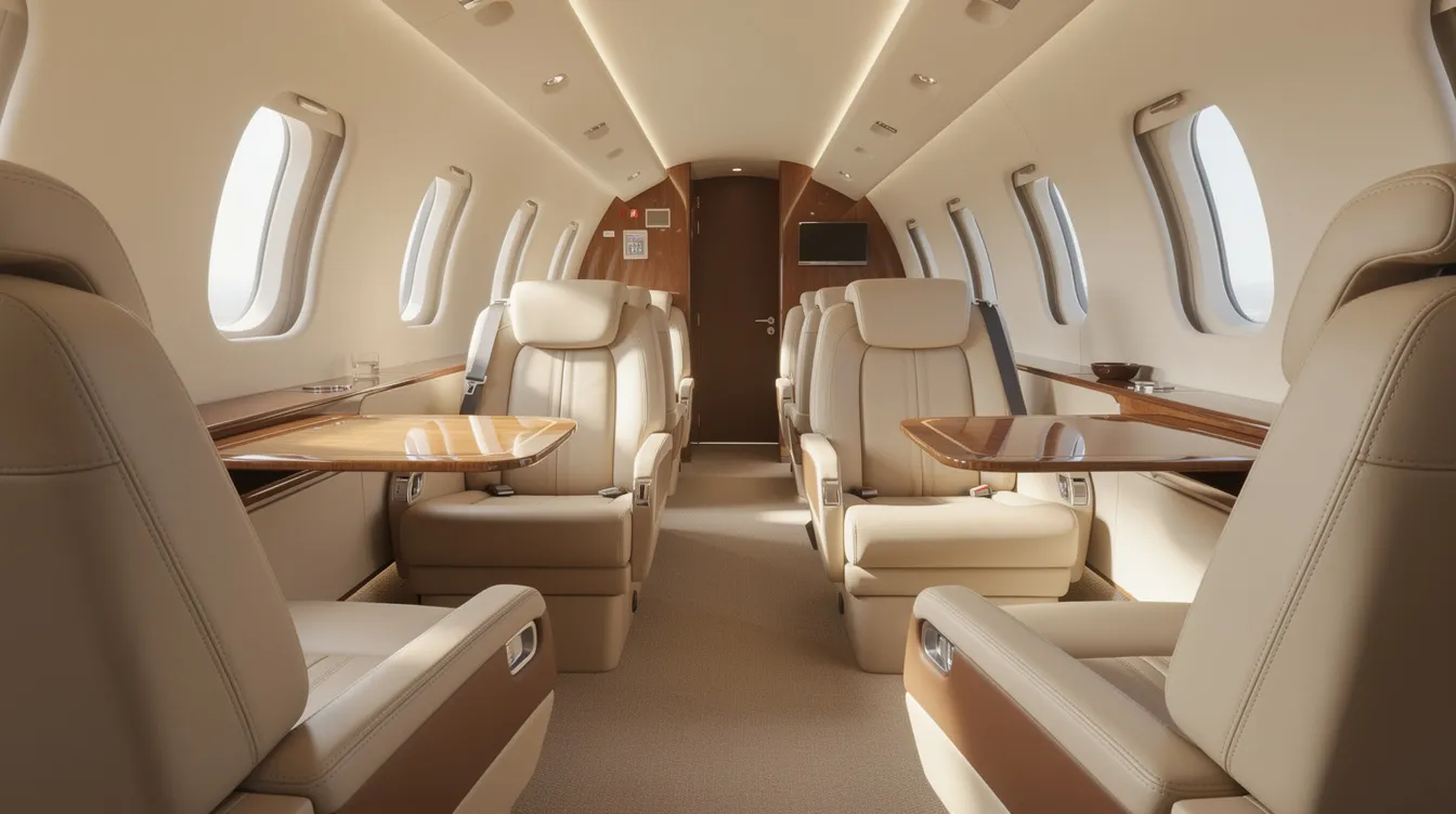 The image depicts an elegant private jet cabin featuring plush leather seats bathed in natural light, showcasing the luxury and comfort that define worldwide jet charter offerings. This inviting space reflects an unwavering commitment to operational excellence and unparalleled service in the realm of private luxury travel.