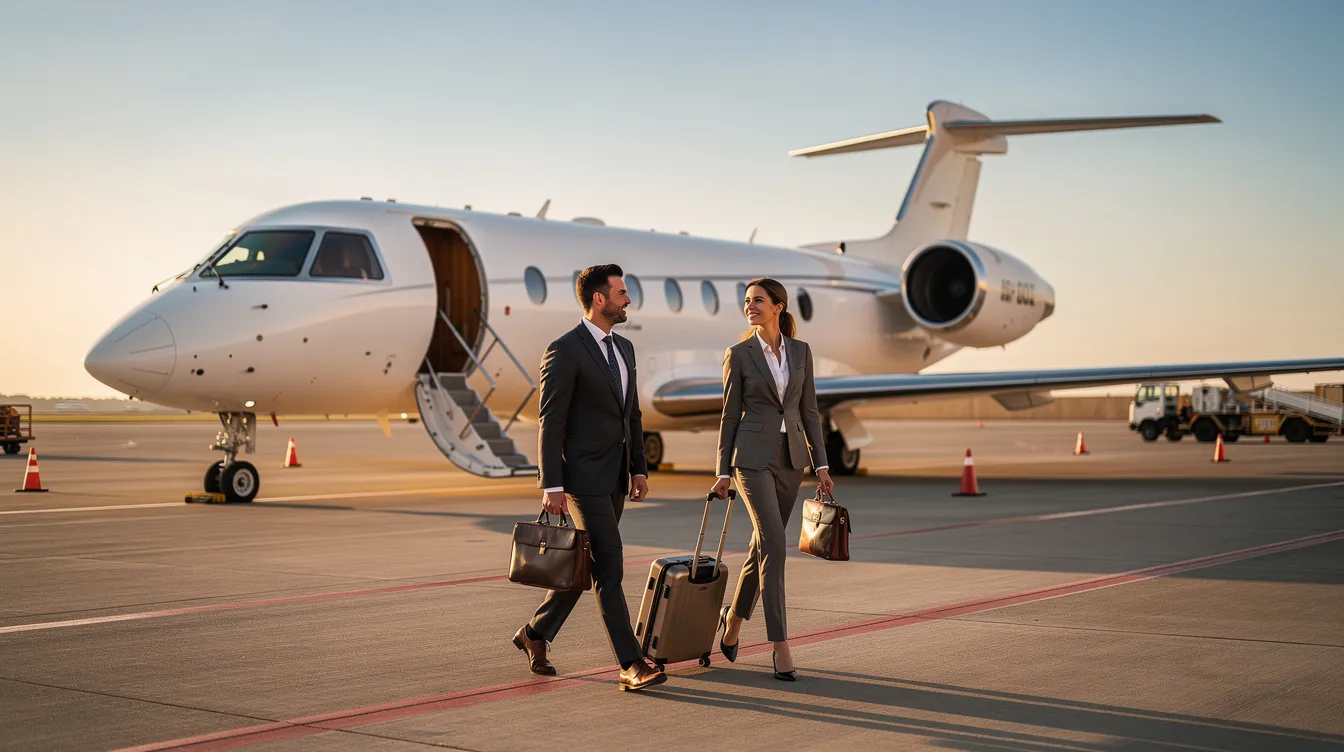 Two executives are walking toward a midsize private jet, specifically a Cessna Citation Latitude, on an airport ramp, showcasing the elegance and convenience of private aviation. This scene highlights the accessibility and luxury of business jets, such as those operated by NetJets, as they prepare for their flight to a new destination.