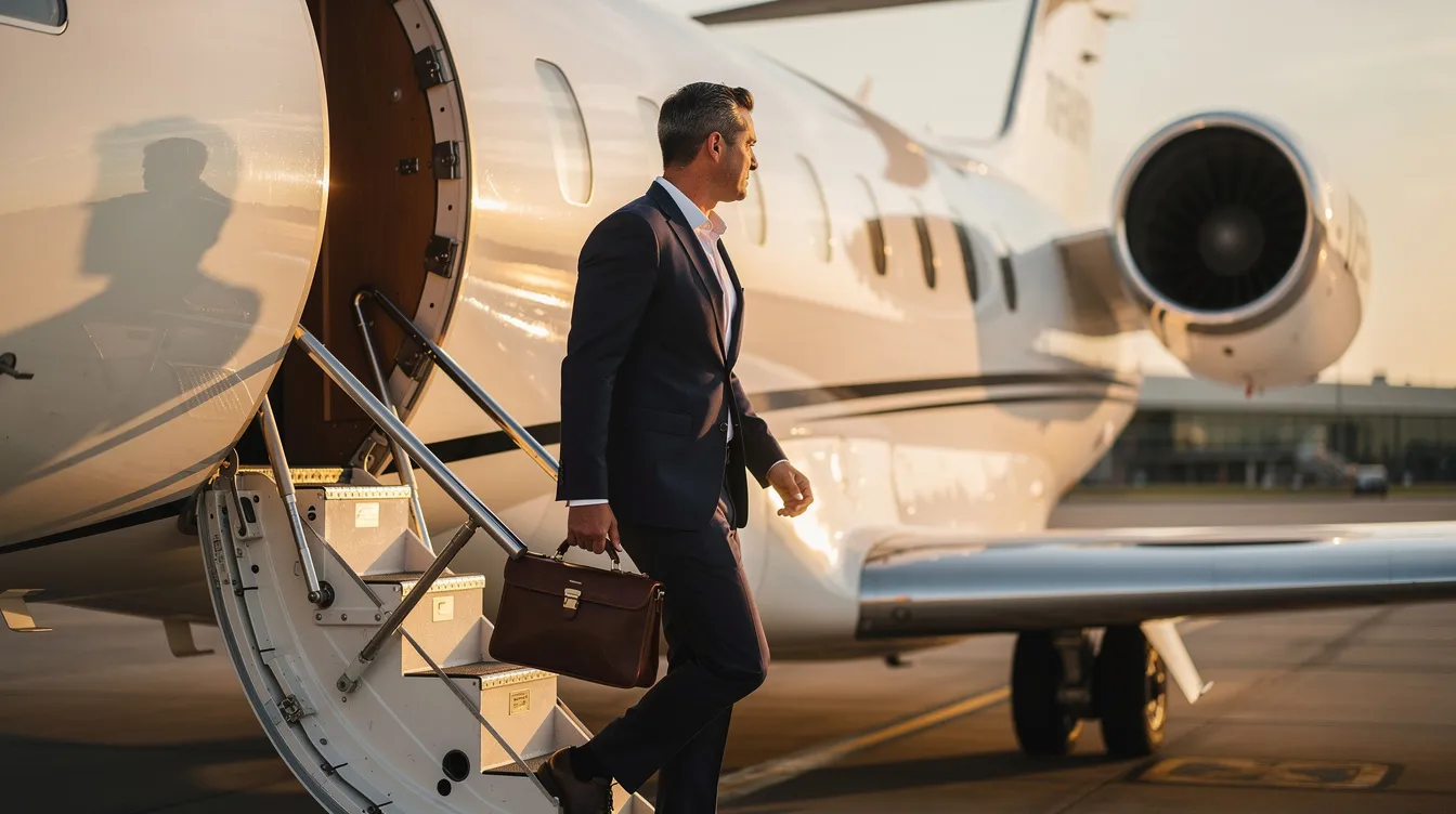 An executive is seen boarding a private jet, carrying a small travel bag, indicative of the convenience and efficiency of private aviation. This scene reflects the luxurious experience offered by private jet companies, such as NetJets, which provide guaranteed access to a vast fleet of light and midsize jets for seamless travel.