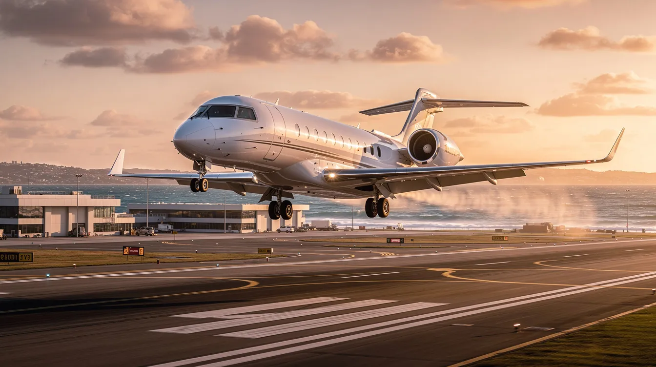 A sleek midsize private jet is taking off over a coastal airport, showcasing the elegance of private aviation. This scene highlights the growing demand for fractional jet ownership and the benefits of jet card programs in the private jet travel industry.