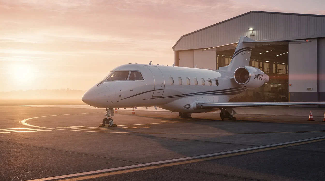 A private jet is parked near a hangar, bathed in the warm glow of sunrise, highlighting its sleek design and reflecting the luxury of private aviation. This scene captures the essence of leisure travel and the convenience offered by private jet programs, such as fractional ownership and jet cards.