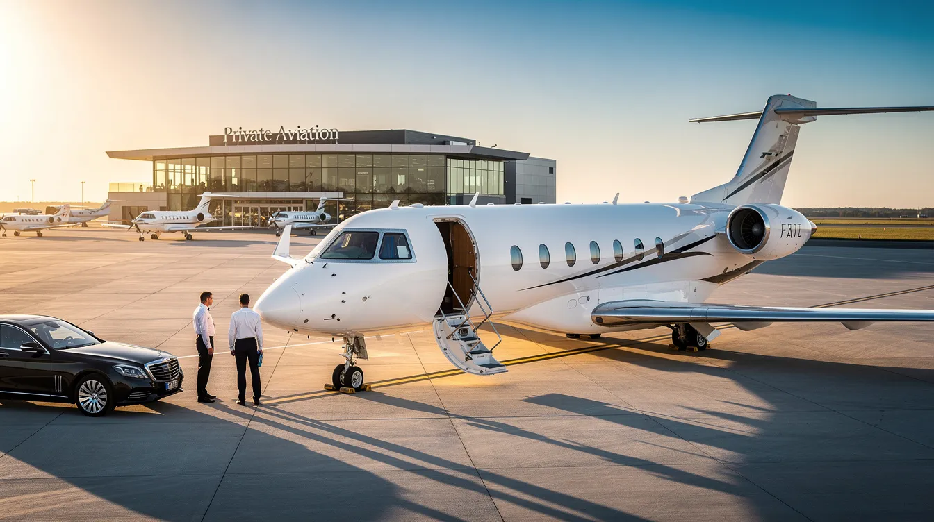 The image showcases a sleek private jet parked on a tarmac, symbolizing the luxury and convenience of private aviation. This aircraft represents the options available through private jet programs, such as fractional ownership and jet cards, catering to both leisure travelers and business executives seeking efficient travel solutions.