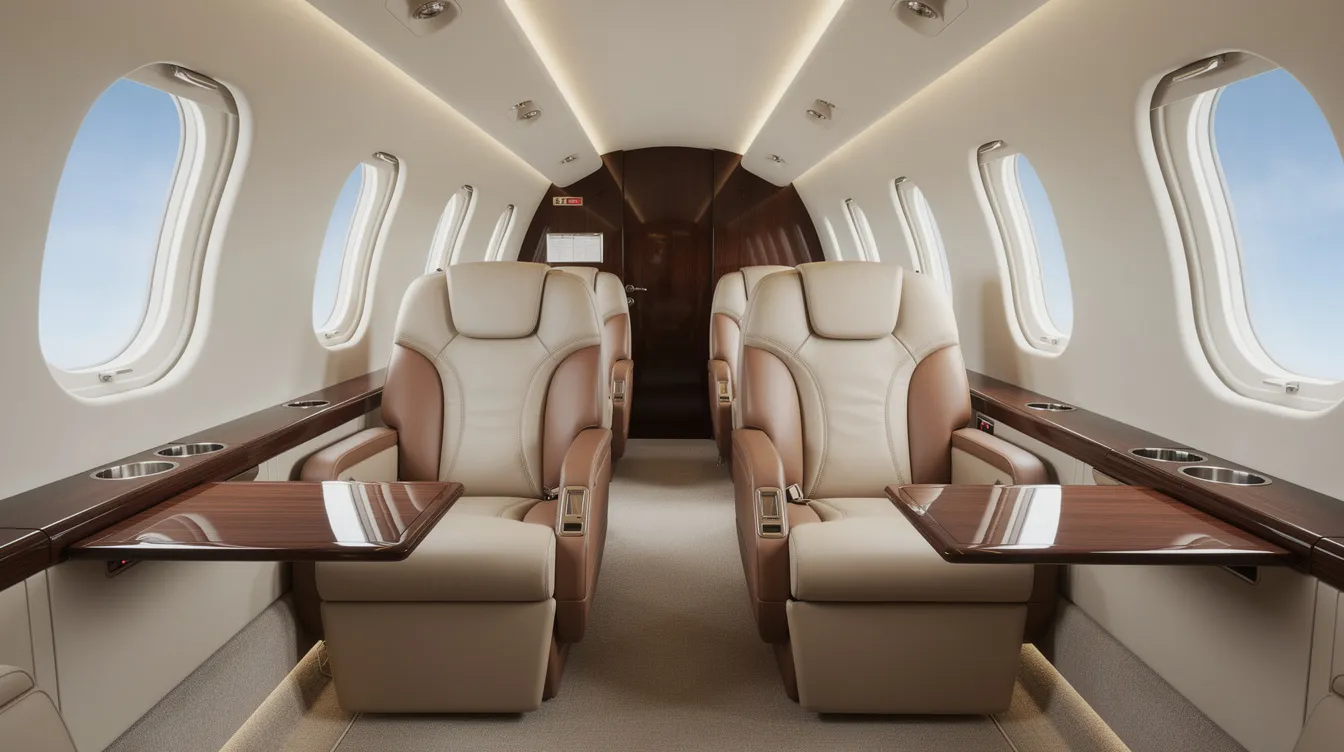 The image depicts a modern private jet cabin featuring luxurious leather seating and large windows that provide ample natural light. This elegant space is designed for discerning travelers seeking comfort and style in private aviation, reflecting the high standards of NetJets' fleet and service.