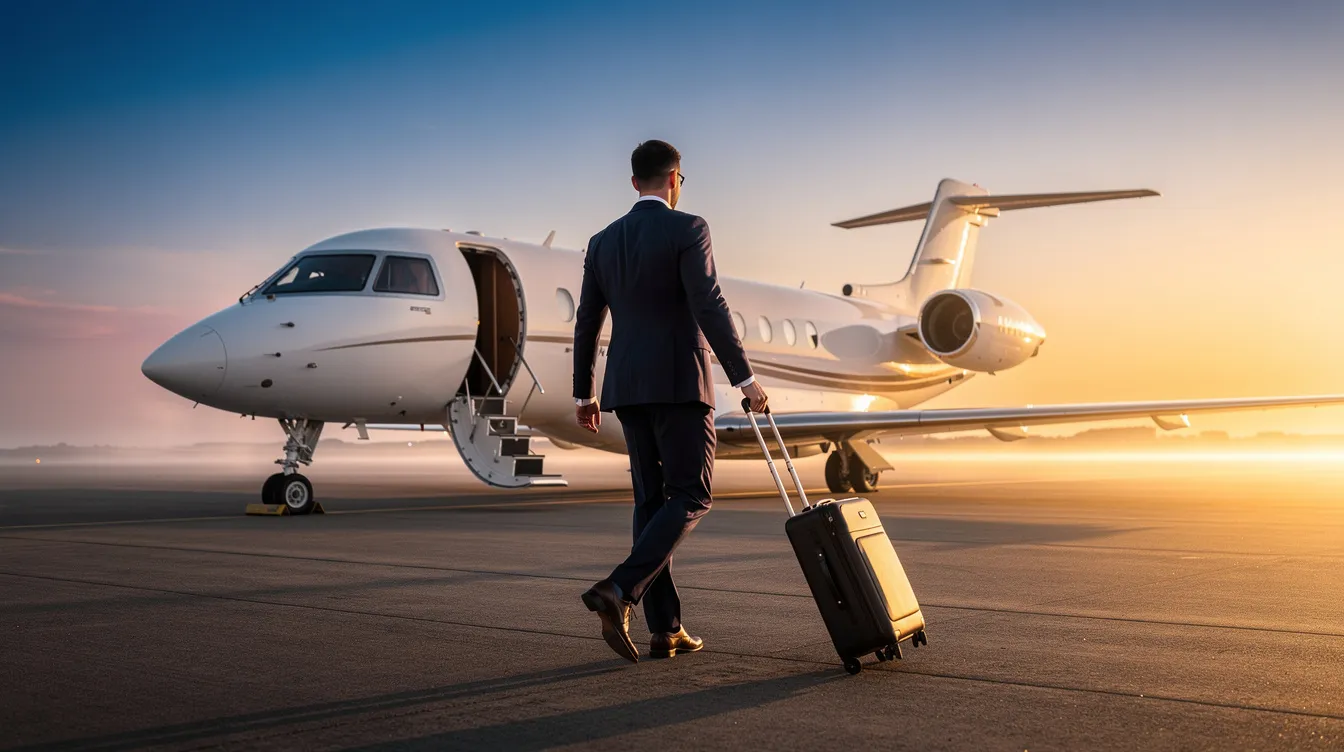 An executive traveler walks confidently towards a luxury private jet at sunrise, symbolizing the seamless travel experience offered by private aviation. The scene captures the essence of fractional ownership and the exclusive lifestyle associated with private jet charter services like NetJets, showcasing the allure of owning a share in a diverse fleet of aircraft.