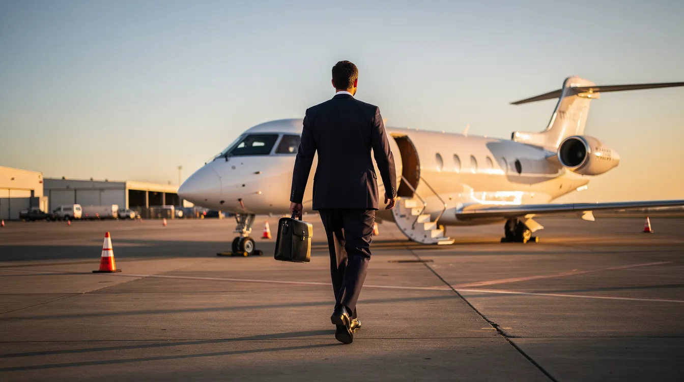 An executive in a suit is confidently walking toward a private aircraft on an airport ramp, symbolizing the revival of the airline industry as Jet Airways prepares to restart commercial flights. The scene captures the essence of civil aviation and the anticipation surrounding the airline's return to both domestic and international routes.