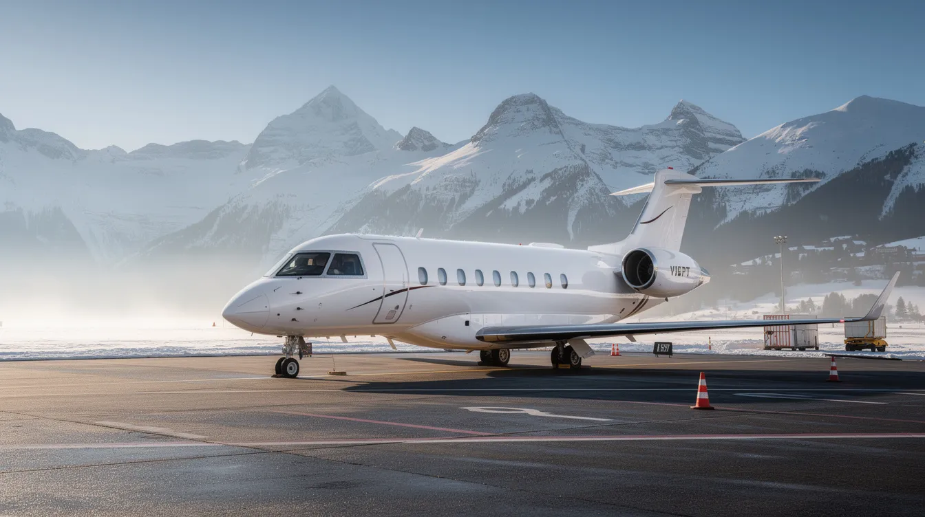 A sleek private jet is parked on a snowy airport runway surrounded by majestic mountains, showcasing the luxury of private air travel. This scene highlights the convenience of private jet charter services, ideal for business and leisure travel in remote locations.