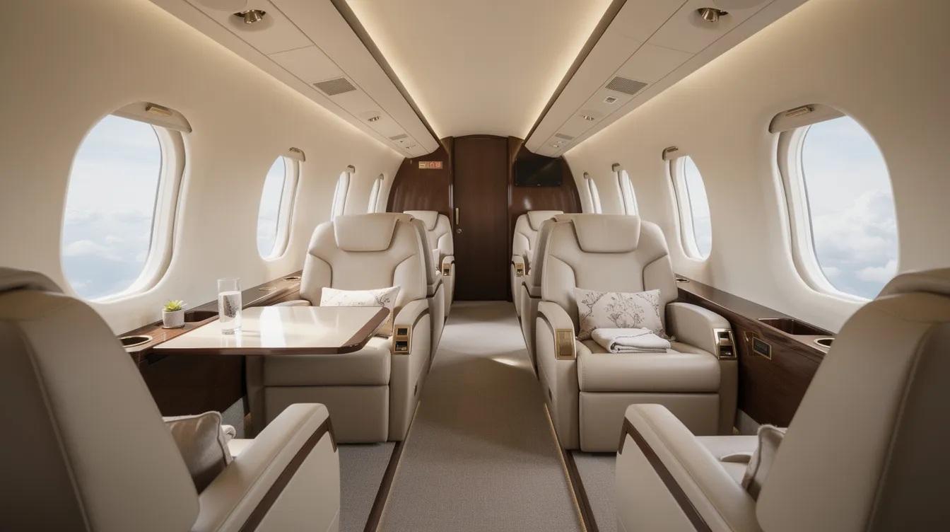 The image showcases a spacious private jet cabin featuring wide, comfortable seats and large windows that allow ample natural light. This luxurious setting is perfect for both business and leisure travel, emphasizing the elegance of private jet charter services.