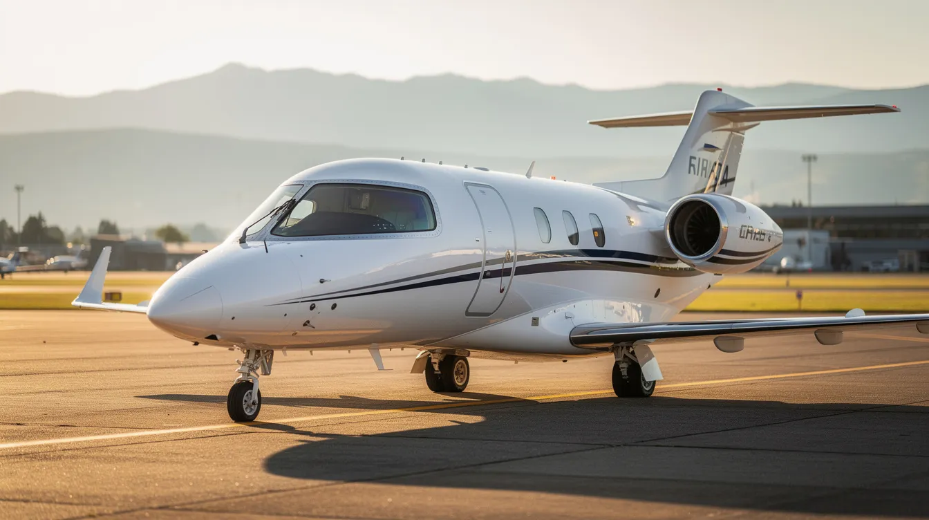 The image depicts a sleek, modern very light jet, showcasing its compact design and spacious cabin, ideal for private aviation enthusiasts. This economical private jet is perfect for short regional flights, offering an affordable entry point for first-time jet owners looking to fly privately.