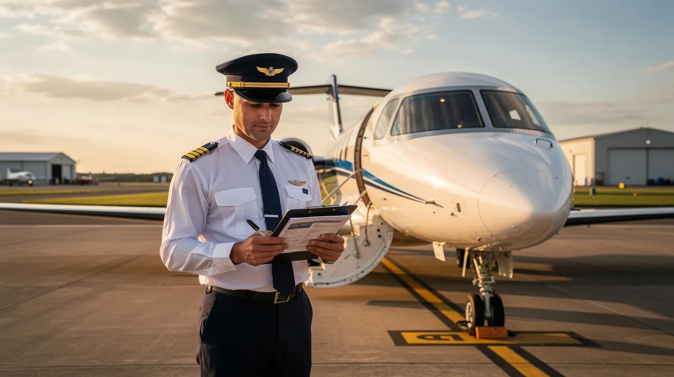 A pilot stands next to a compact jet, reviewing flight documents, likely for a private flight. The setting emphasizes the efficiency and convenience of private aviation, particularly within the light jet category.