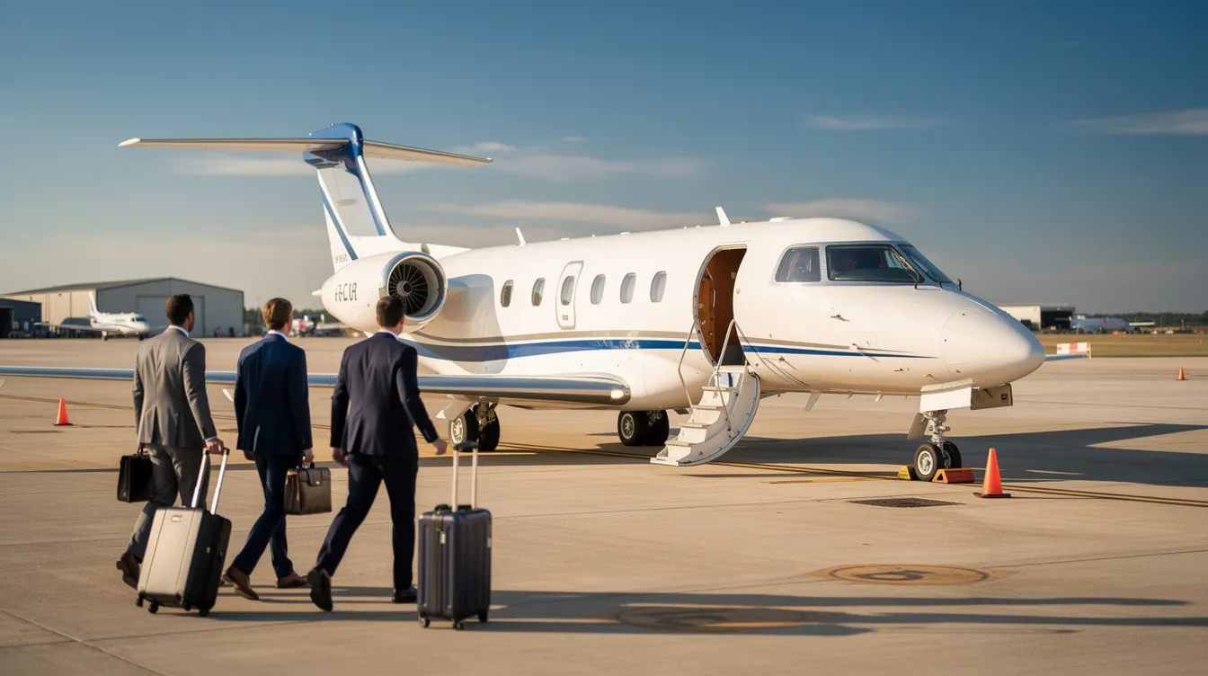A group of passengers is walking toward a sleek, small business jet under a clear blue sky, ready for their private flight. This private jet, likely from the light jet category, symbolizes the convenience and luxury of private aviation, offering an economical option for travelers seeking short regional flights.