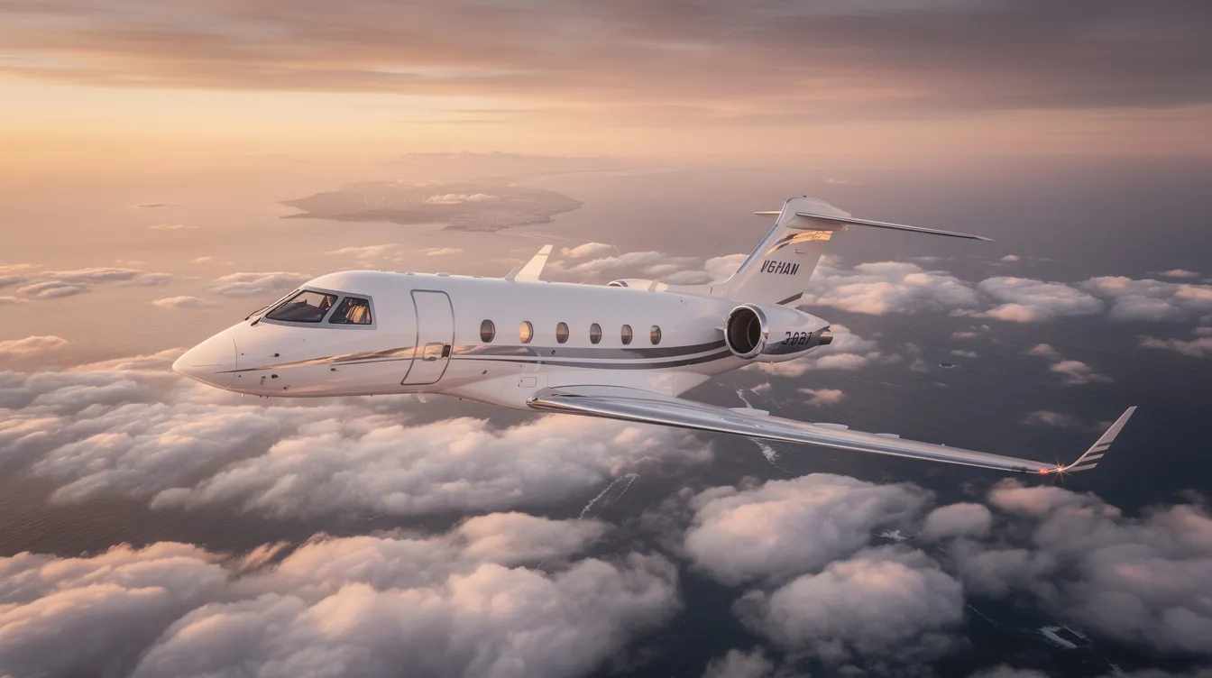 The image depicts a luxurious private jet soaring above the clouds, symbolizing the ease and comfort of private jet travel to Europe. This ultra long range aircraft offers direct access to international flights, providing an exclusive alternative to commercial airlines for discerning passengers.