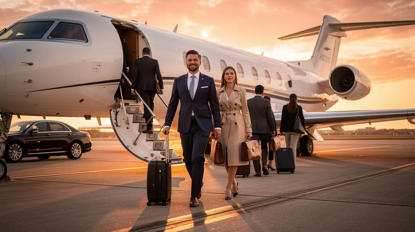 A group of executive passengers is boarding a private jet at sunset, with the warm glow of the setting sun illuminating the aircraft. This scene captures the essence of private aviation, highlighting the luxury and exclusivity of private jet travel.
