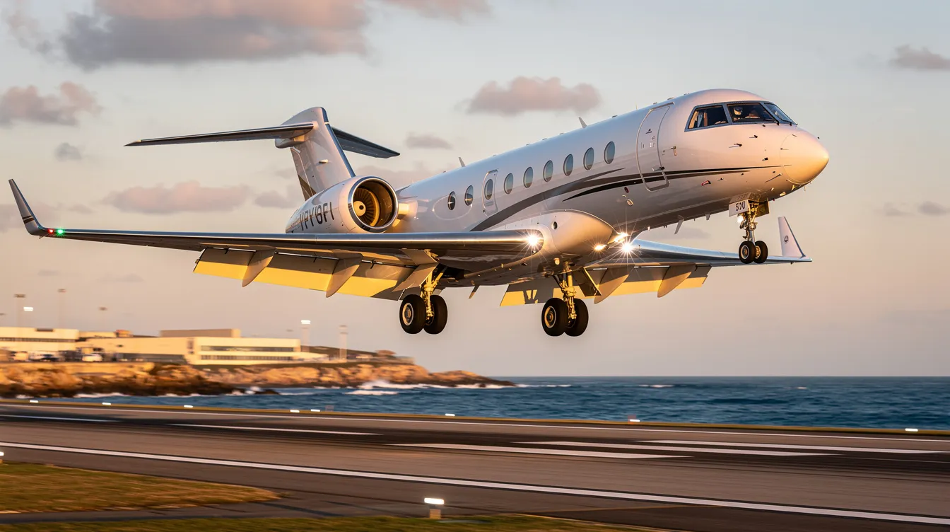 A large private jet is taking off from a coastal airport runway, showcasing the sleek design typical of private aviation. This scene highlights the luxury of private jet travel, offering direct access to international flights and the convenience of avoiding long security lines often found in commercial flights.