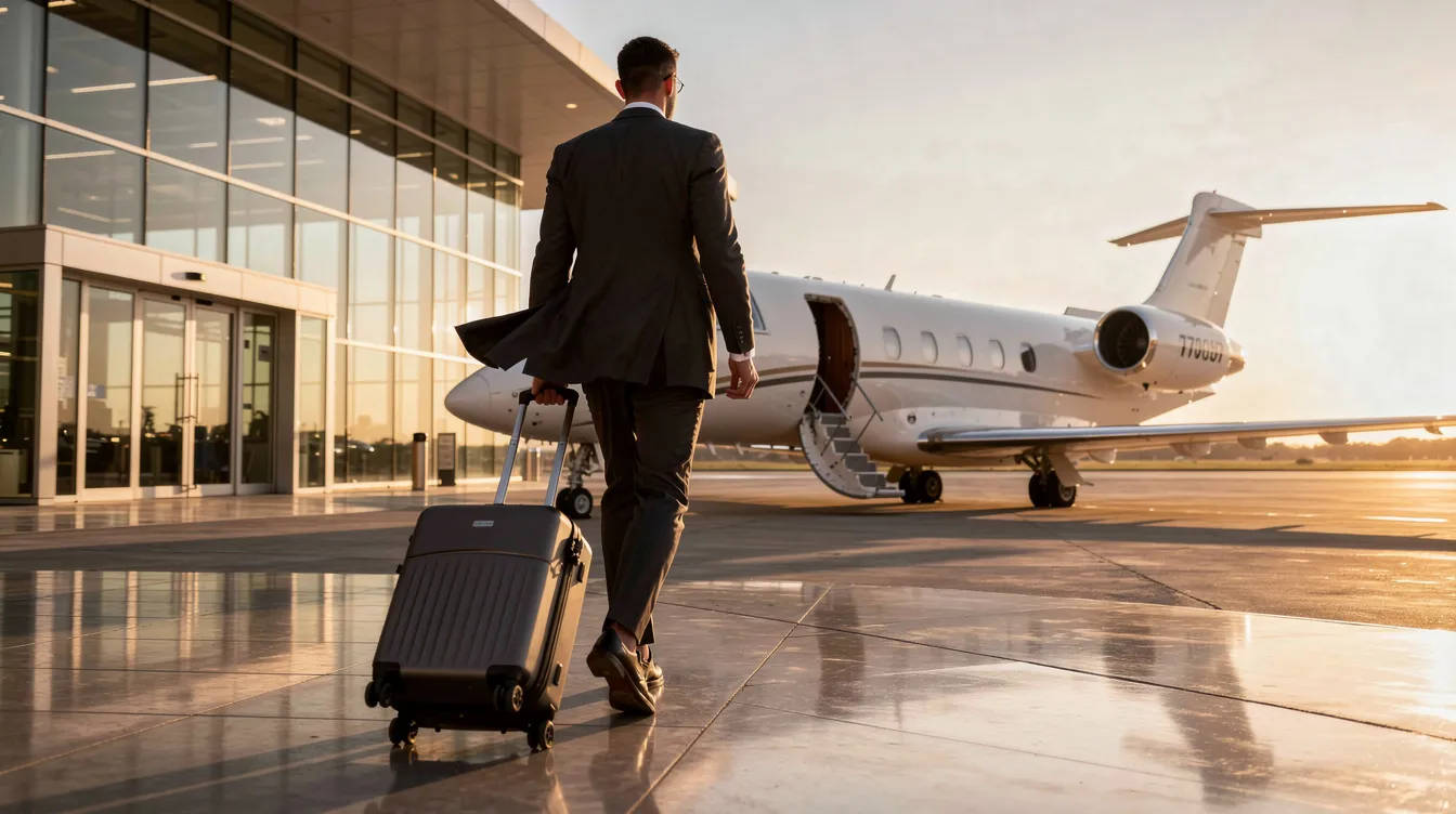 A business traveler walks confidently from a private terminal towards a waiting aircraft, ready for their private jet charter flight. The scene highlights the convenience and luxury of private air travel, showcasing the seamless experience offered by private aviation services.