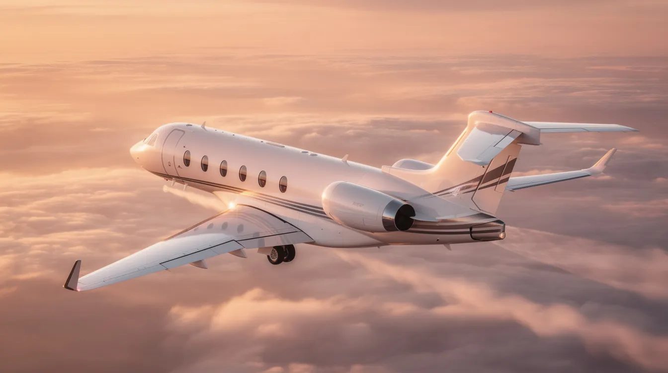 The image depicts a sleek private jet parked on a tarmac, showcasing its premium aircraft design and modern features. This representation of private aviation highlights the convenience and luxury of private jet travel, catering to travelers seeking tailored charter options for their journeys.