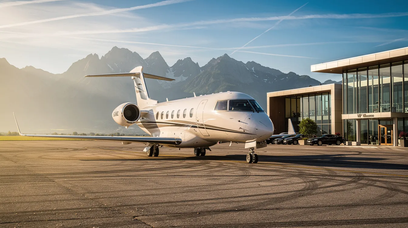 A sleek super-midsize business jet is taxiing on a runway at a private aviation terminal, with majestic mountains in the background, showcasing the elegance of modern private jets designed for business travel. The jet aircraft, featuring advanced jet engines, highlights the luxury and efficiency of private aviation.