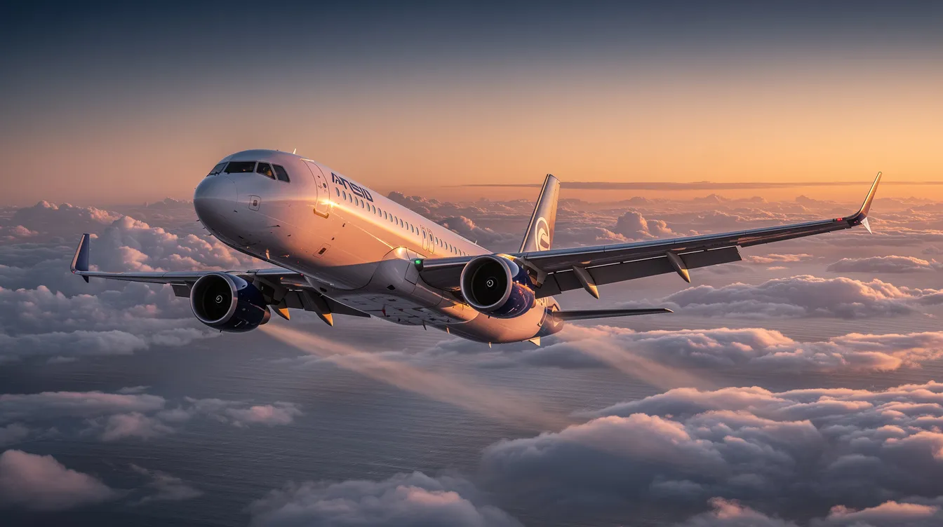 A large twin-engine widebody commercial jet aircraft is soaring above fluffy clouds, casting a silhouette against the vibrant colors of a sunset, with the vast ocean stretching below. This scene captures the essence of modern aviation, showcasing the elegance and power of commercial airliners in flight.