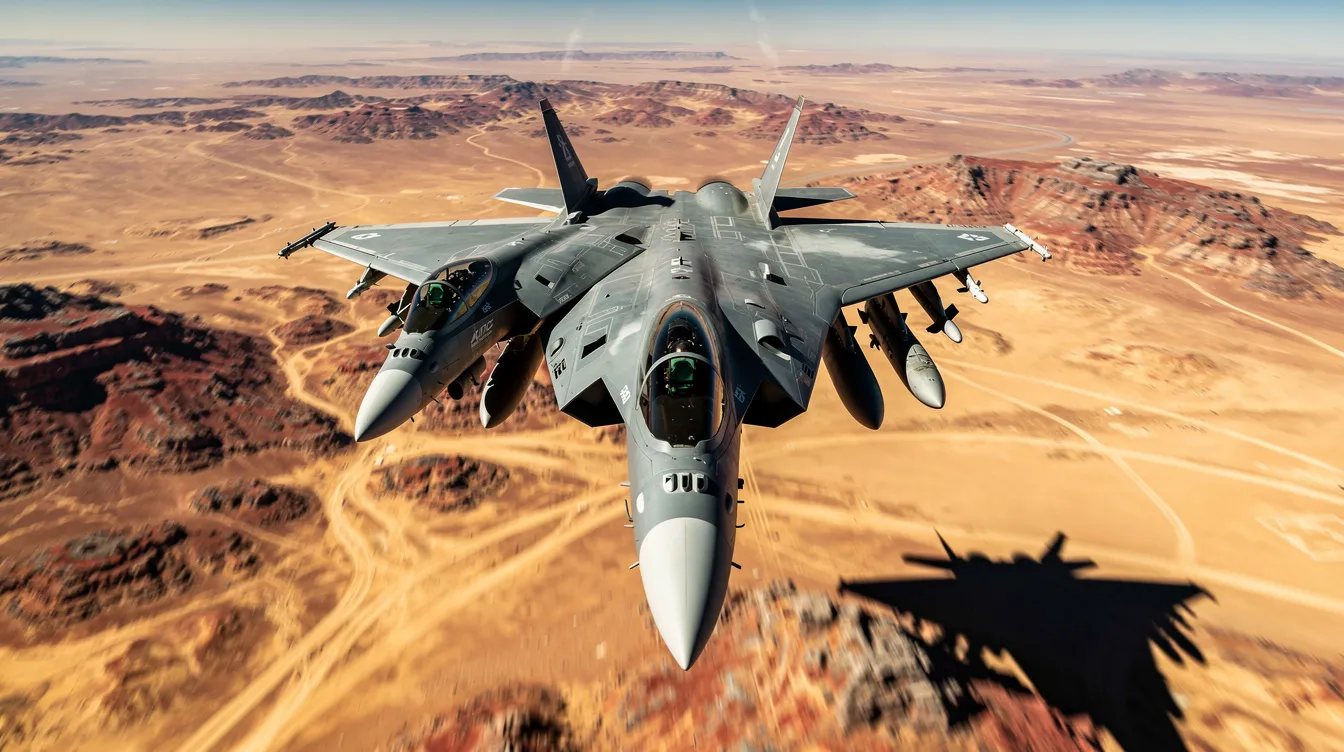 Two modern fighter jets, sleek and powerful, are flying in tight formation above a vast desert landscape, showcasing their capabilities as advanced military aircraft designed for air superiority and combat operations. The scene captures the essence of jet fighters in action against a backdrop of arid terrain.
