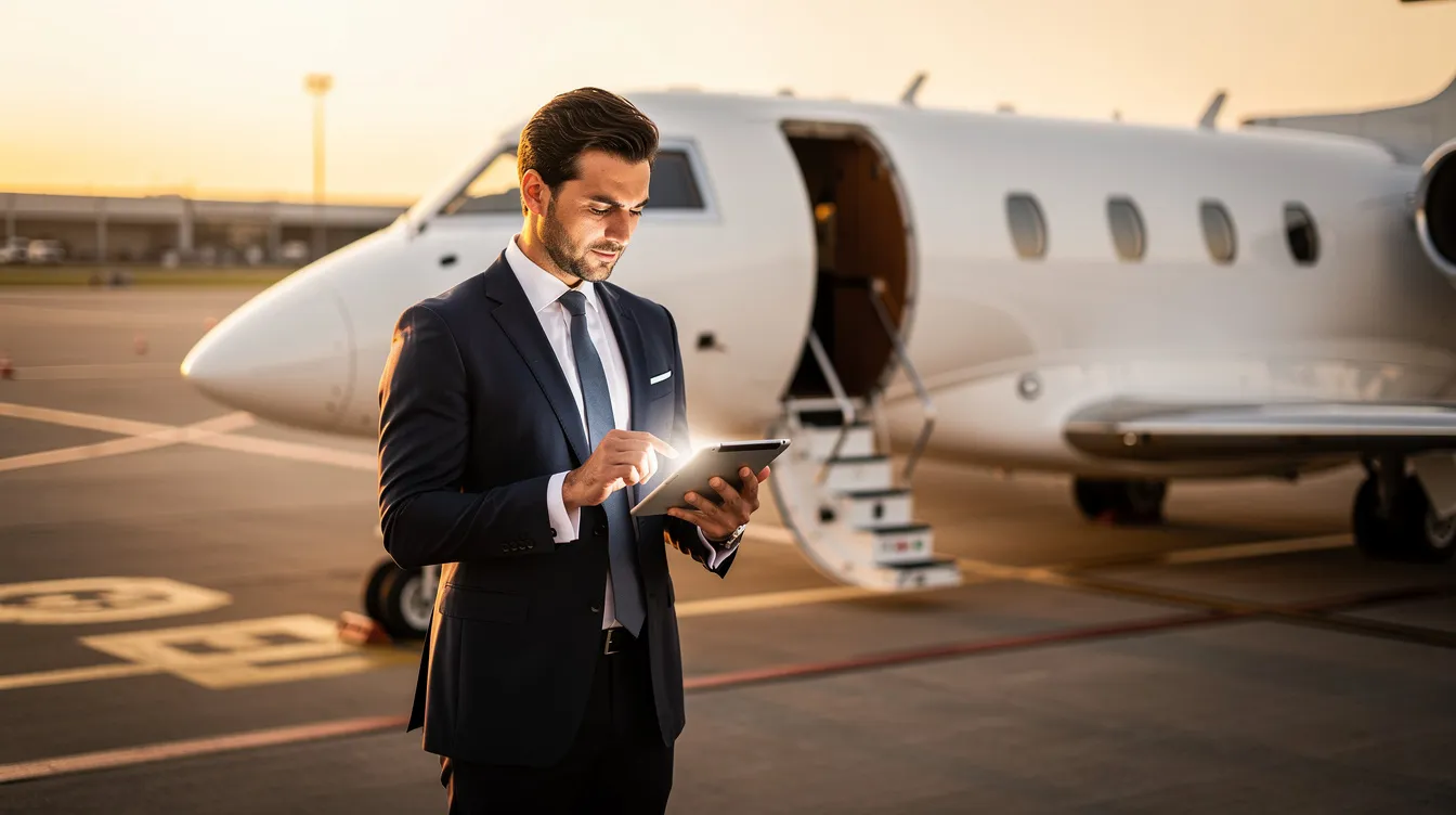 A professional in a tailored business suit is intently reviewing a tablet while standing next to a luxurious private jet on the tarmac, highlighting the seamless experience of private jet travel and charter flight services. The scene captures the essence of modern aviation, with the private jet symbolizing convenience and efficiency for discerning travelers.