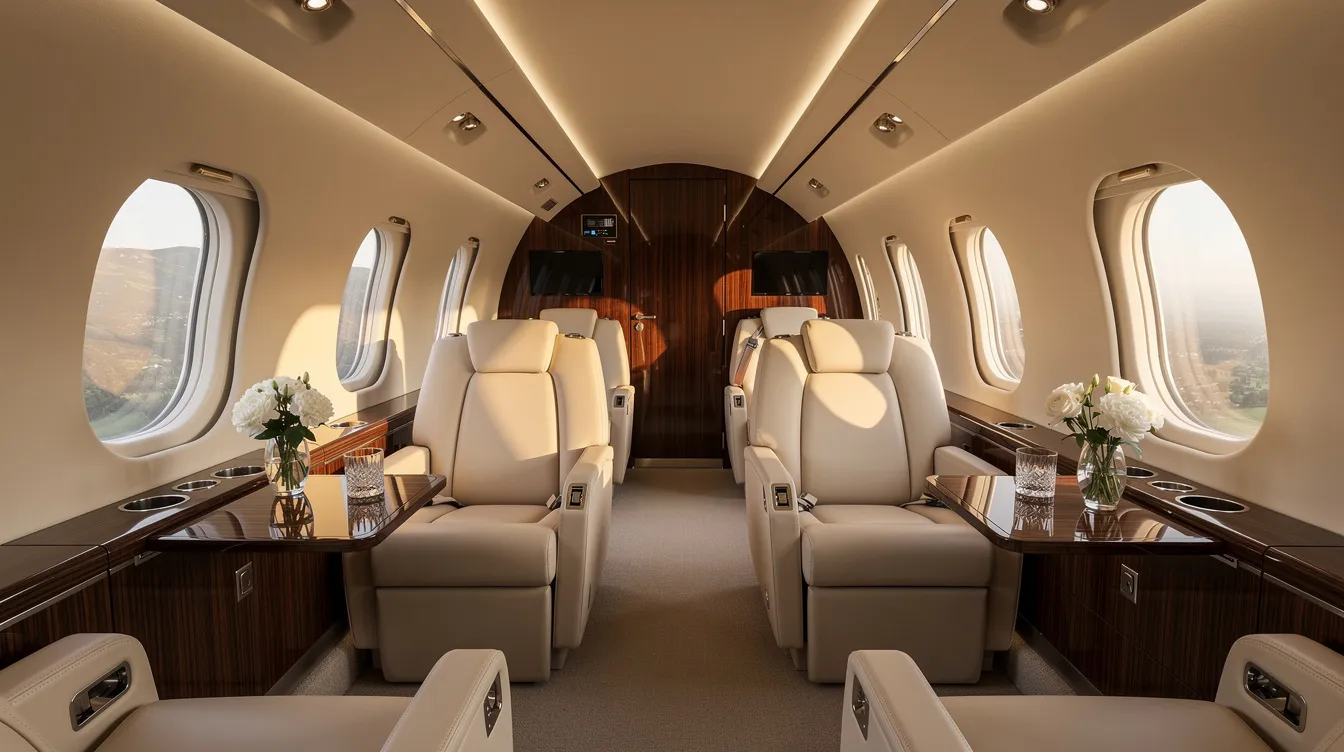 The image showcases the interior of a luxurious midsize private jet cabin, featuring plush leather seats and elegant polished wood trim, with sunlight streaming through the oval windows, creating a warm and inviting atmosphere for discerning travelers. This setting exemplifies the comfort and sophistication associated with private jet travel and charter flights.