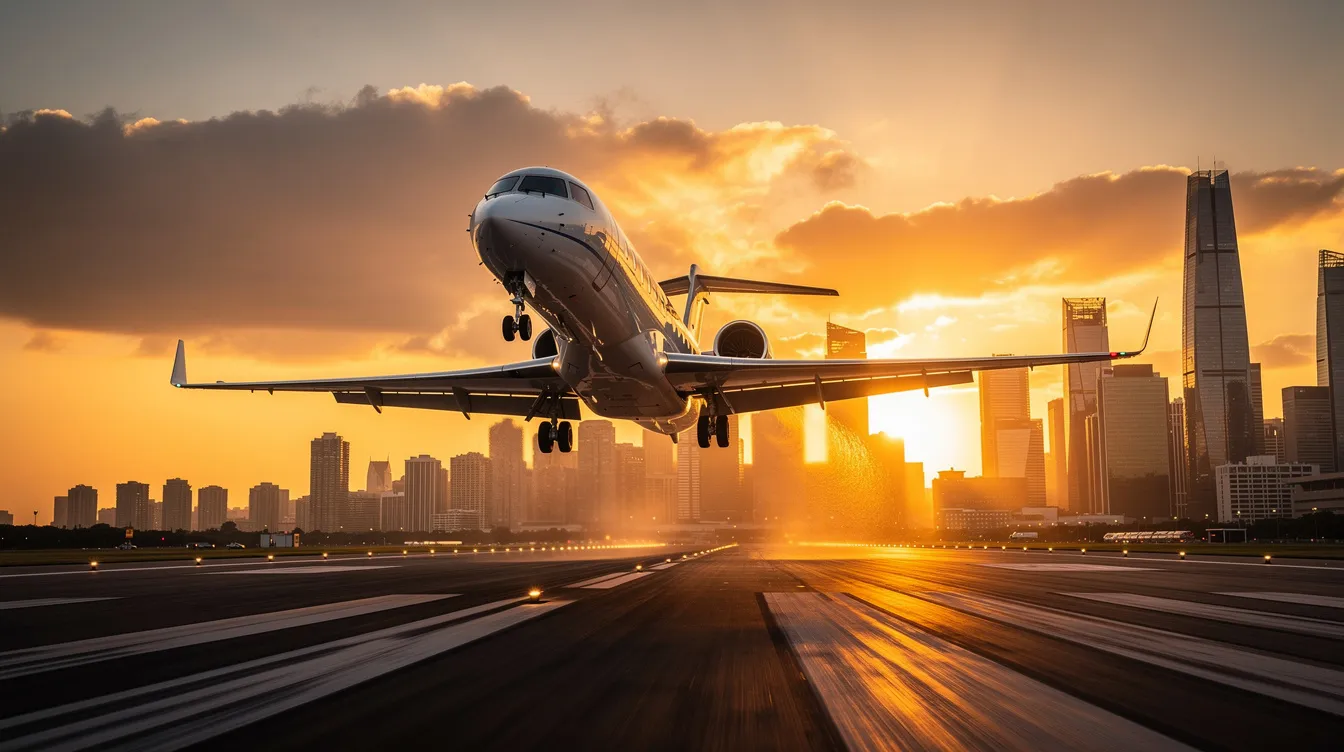 A private jet is taking off against a stunning golden sunset, with a modern city skyline silhouetted in the background. This scene captures the essence of luxury travel, highlighting the allure of private jet charter services for discerning travelers.