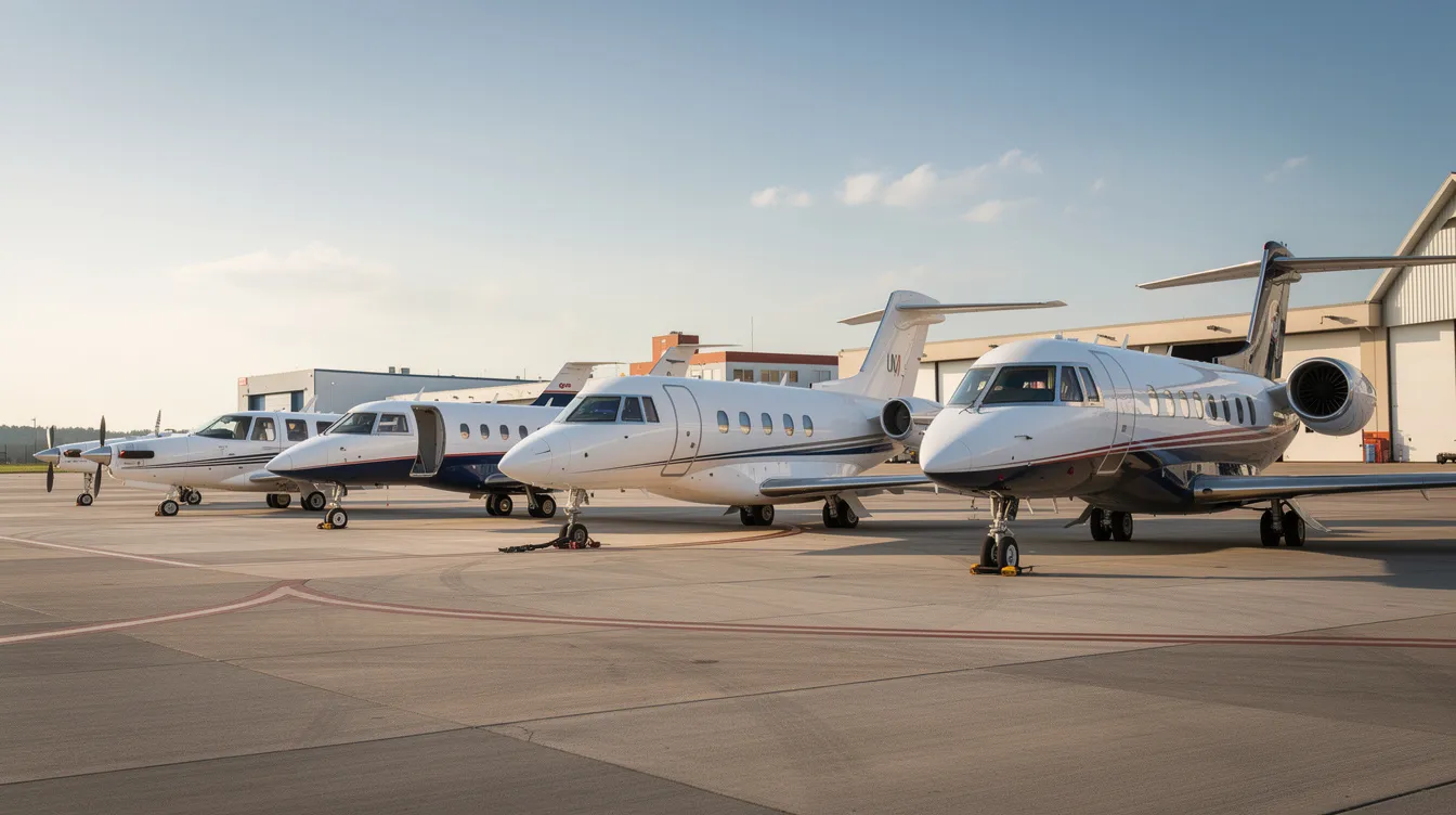 The image shows a lineup of various private jets on an airport ramp, featuring a range from small turboprops to large cabin heavy jets, highlighting the diversity of aircraft options available for private jet travel. This scene emphasizes the luxury of private jet charter services, catering to discerning travelers seeking tailored aviation experiences.
