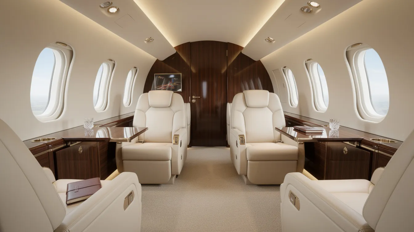 The image showcases the interior of a spacious luxury private jet cabin, featuring plush leather seating, elegant wood finishes, and large windows that allow natural light to flood the space. This beautifully designed cabin exemplifies the comfort and sophistication of the private aviation industry, catering to discerning travelers seeking an exceptional flying experience.