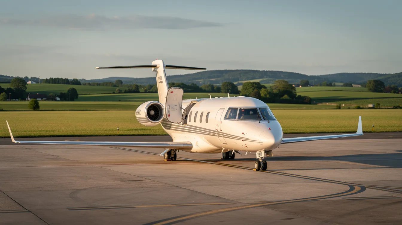 A small light jet is parked on a regional airport tarmac, surrounded by lush green countryside, showcasing the appeal of private aviation for business and leisure travelers. This luxurious private jet, part of the growing private jet market, highlights the convenience and style of modern air travel.