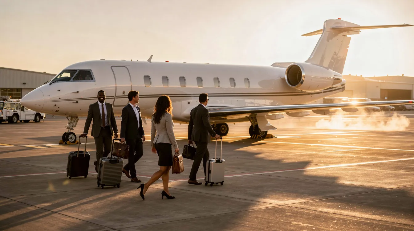 A group of business travelers is walking toward a luxurious private jet on an FBO tarmac as the sun rises, highlighting the sleek design of the aircraft. This scene captures the essence of private aviation, showcasing the convenience and elegance of private jet travel for discerning travelers.