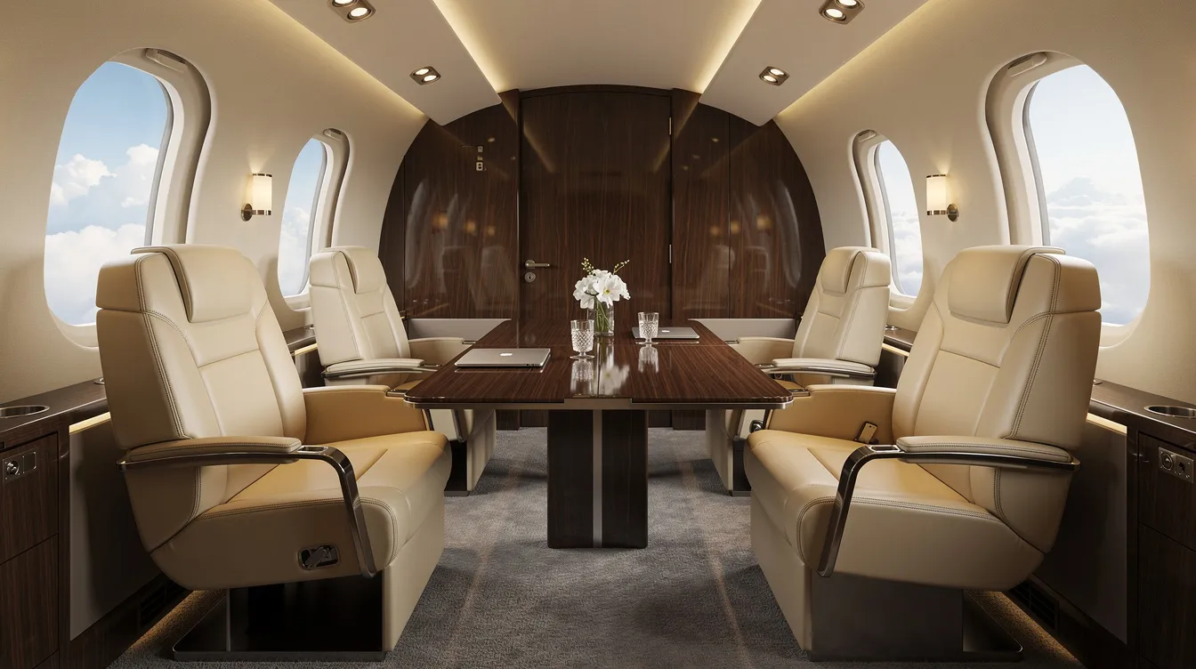 The image depicts the luxurious interior of a private jet cabin, featuring plush leather seats and a small conference table, with large windows revealing fluffy clouds outside. This elegant space is designed for comfort and productivity, ideal for business jet travel and private flights.