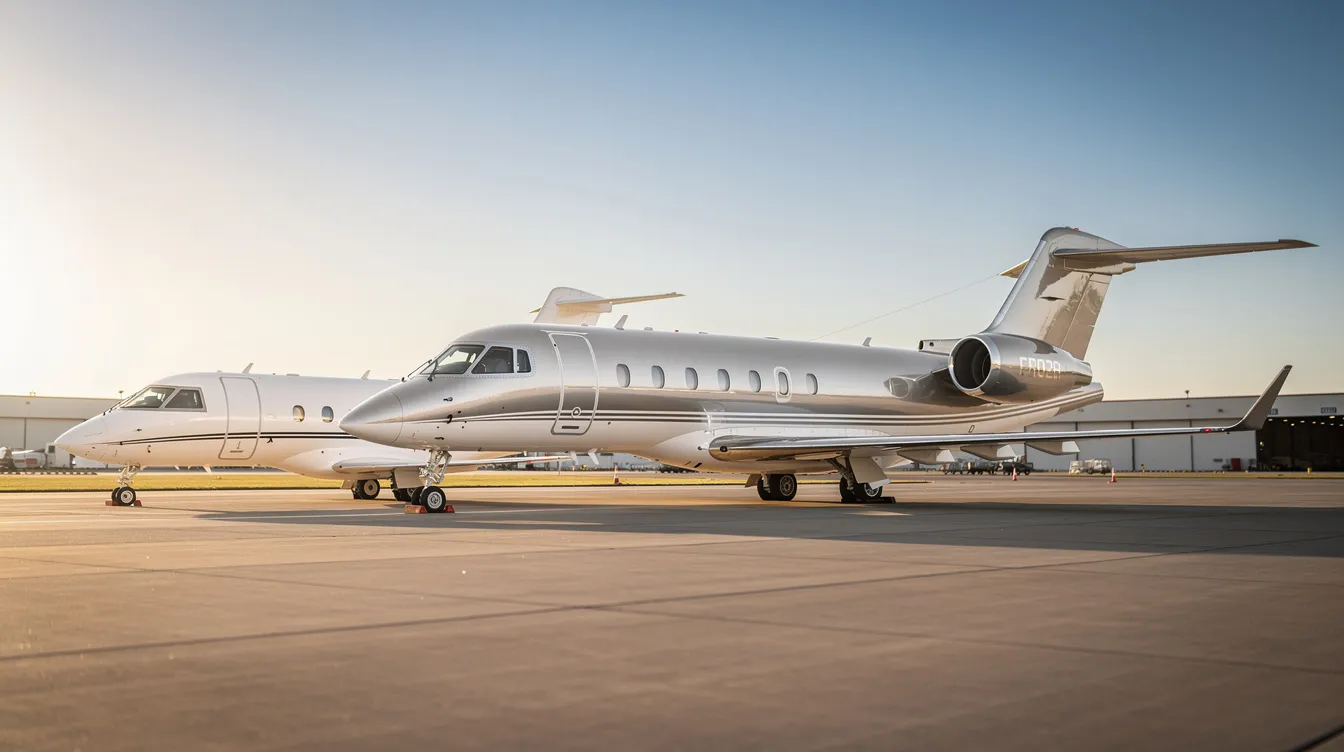 The image depicts three private jets of varying sizes parked on a spacious airport ramp, illustrating the scale difference between a light jet, a midsize jet, and a large cabin jet. This visual comparison highlights the diversity in private aviation options, which can significantly impact private jet costs and operational considerations.