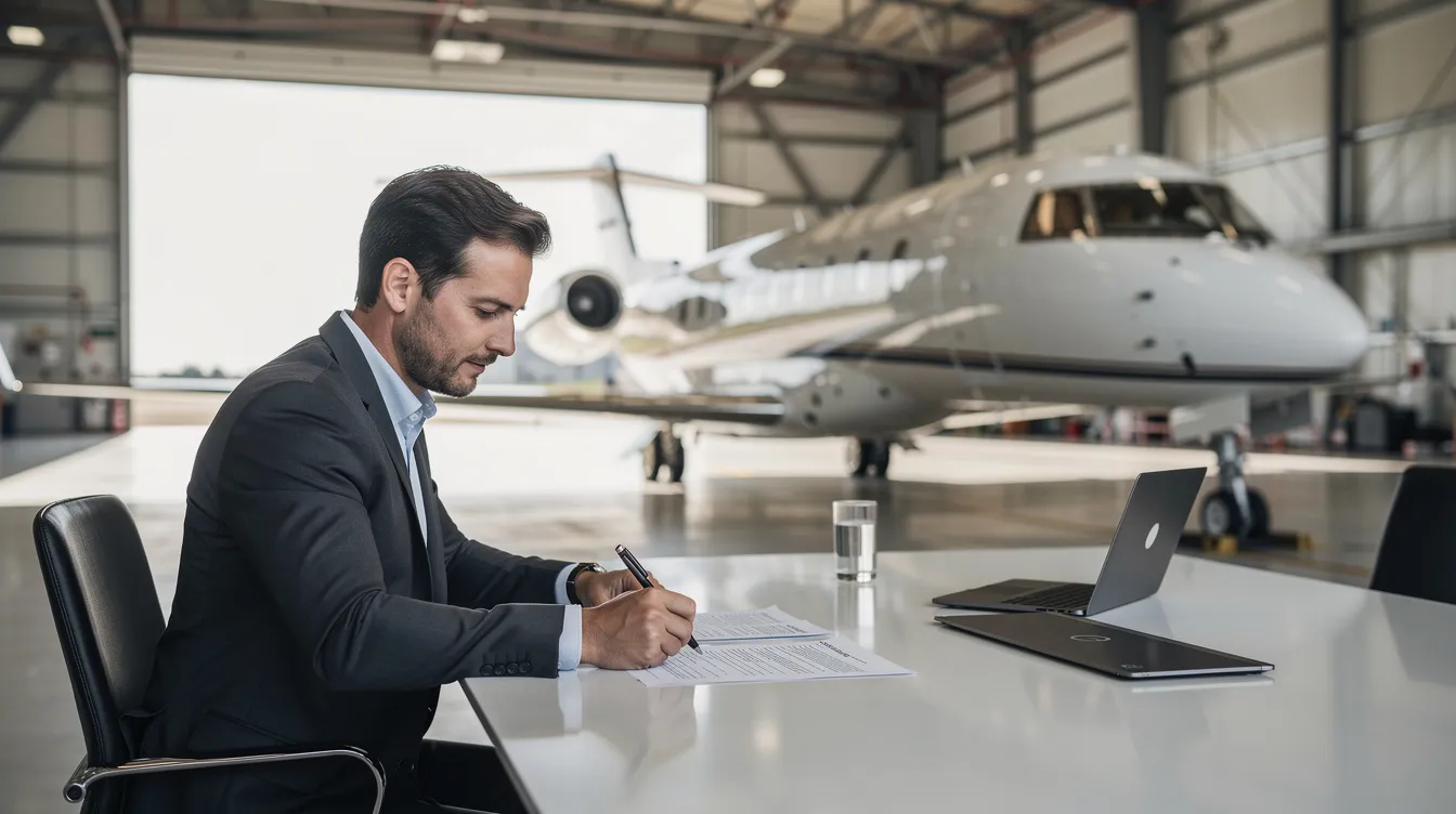 A business professional is seated at a conference table inside a private jet hangar, reviewing documents with a midsize jet visible in the background. This setting highlights the world of private aviation, where business jet costs and operational details are key considerations for professionals.