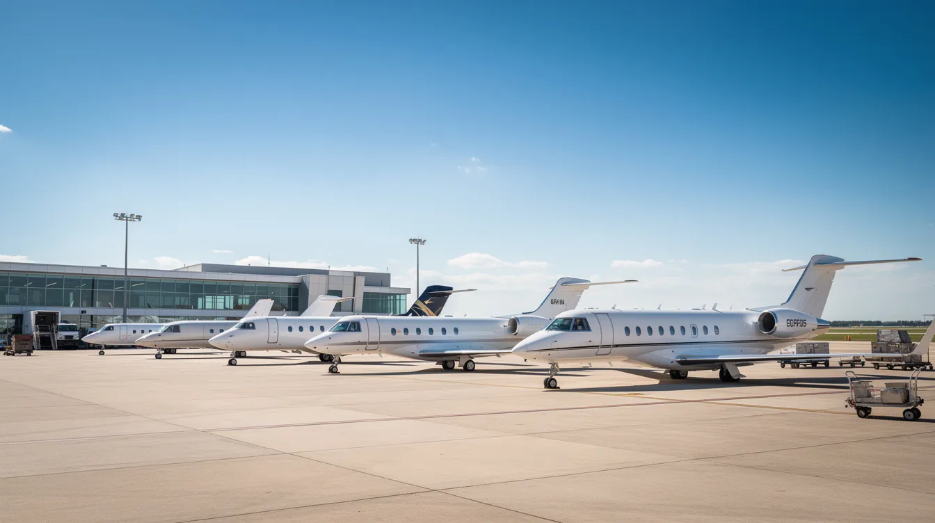 The image shows several private jets of varying sizes parked at a general aviation terminal under a clear blue sky, highlighting the luxury and accessibility of private aviation services. This scene reflects the operational excellence of companies like Wheels Up Partners LLC, catering to both private and commercial travel needs.