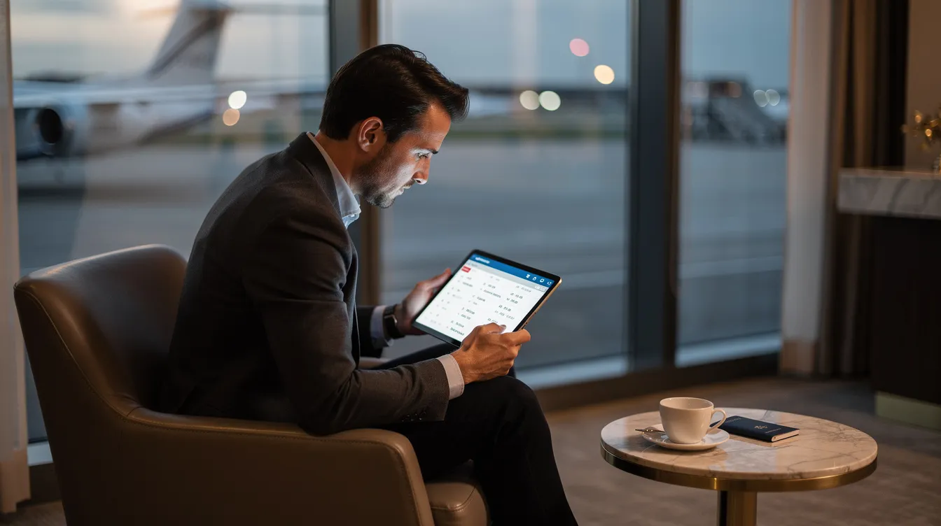 A traveler is seated in a modern private aviation lounge, focused on reviewing flight schedules on a tablet device, highlighting the convenience of air transportation services offered by private aviation companies like Wheels Up Partners LLC. The ambiance reflects a blend of comfort and sophistication typical of the largest private aviation companies, catering to both private and commercial travel needs.