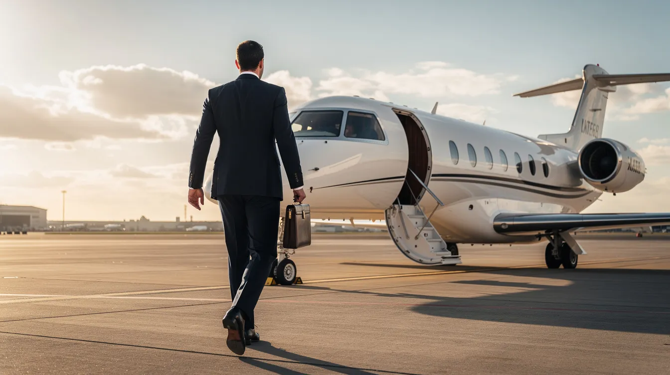 A business executive in a tailored suit confidently walks toward a private jet on the tarmac, symbolizing the luxury of private aviation and the operational excellence of companies like Wheels Up Partners LLC. The scene captures the essence of private and commercial travel, highlighting the accessibility and demand for air transportation services.