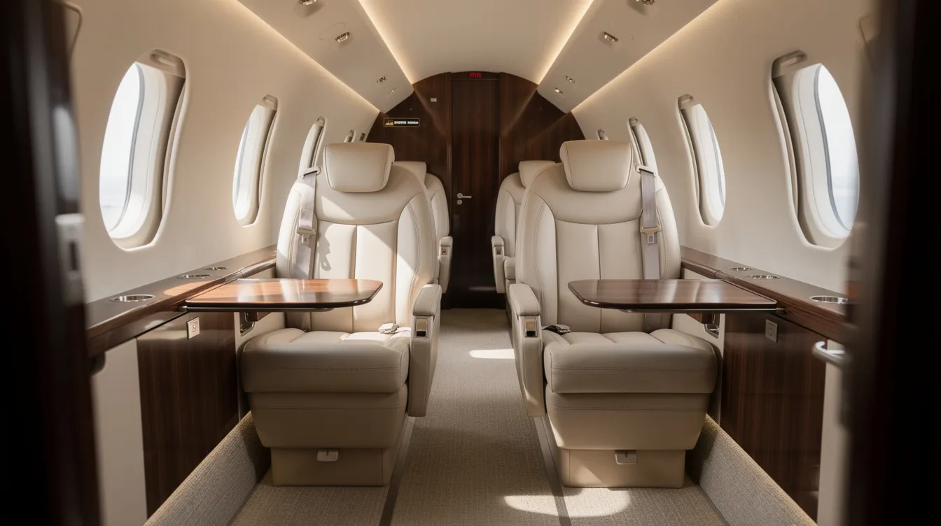 The image depicts the interior of a light jet cabin featuring luxurious cream leather seats and polished wood accents, as seen from the doorway of the cockpit. This elegant setting highlights the comfort and style associated with private jet travel, ideal for those considering private jet charter options.
