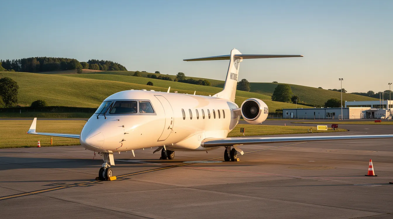 A private jet is parked at a smaller regional airport, surrounded by lush green hills under a clear blue sky, highlighting the appeal of private jet travel. This scene reflects the convenience of private jet charter services, often sought after for short regional flights.