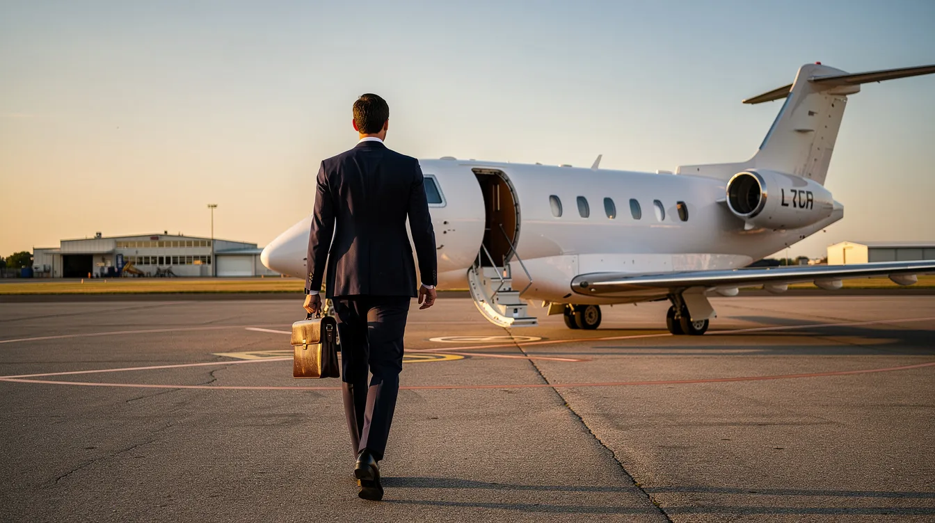An executive dressed in business attire is confidently walking towards a sleek white private jet parked on the ramp of a small regional airport, ready for private jet travel. This scene highlights the convenience and luxury of private jet charter services, ideal for those seeking efficient transportation options.