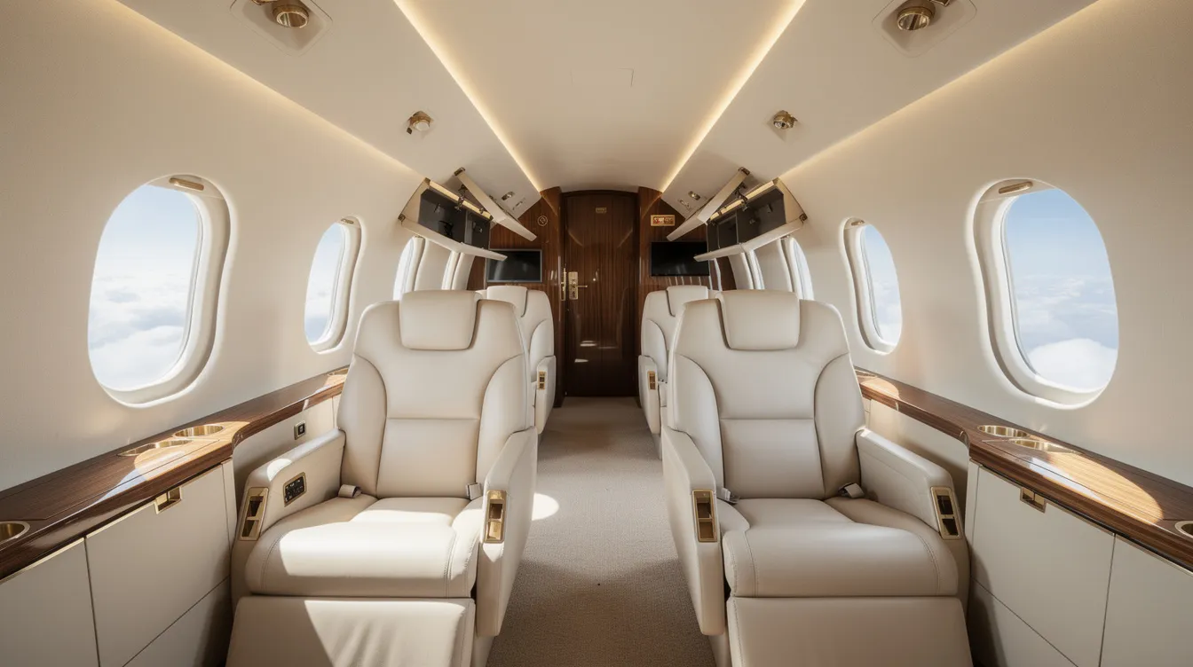 The image depicts the interior of a spacious private jet cabin, featuring luxurious leather seats and large windows that showcase fluffy clouds outside. This elegant setting exemplifies the comfort and exclusivity of private jet ownership, ideal for business travelers seeking to fly directly to their destinations.