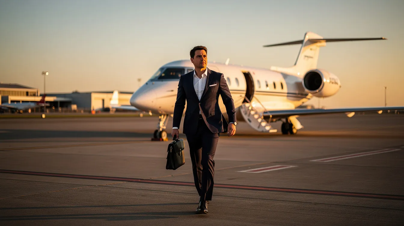 A business executive confidently walks toward a private jet on a runway, carrying a briefcase, symbolizing the significant investment in private aircraft ownership. The scene highlights the luxurious travel options available to private jet owners, allowing them to fly directly to their destinations without the hassles of crowded terminals.
