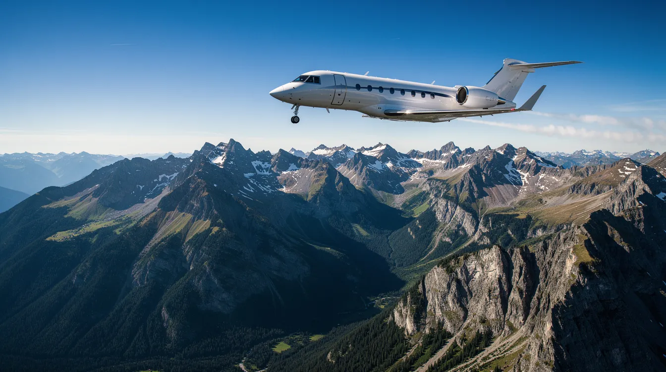 A private jet is ascending gracefully over a breathtaking mountainous landscape under a clear blue sky, symbolizing luxury and personal travel. This image captures the essence of private jets and their key advantages in providing efficient access to various destinations around the world.