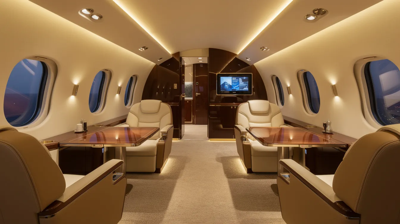 The image shows the luxurious interior of a large cabin private jet, featuring plush leather club seating arranged for comfort and warm ambient lighting that creates an inviting atmosphere for passengers. This elegant space is designed for private travel, highlighting the key advantages of flying in business jets over scheduled airlines.