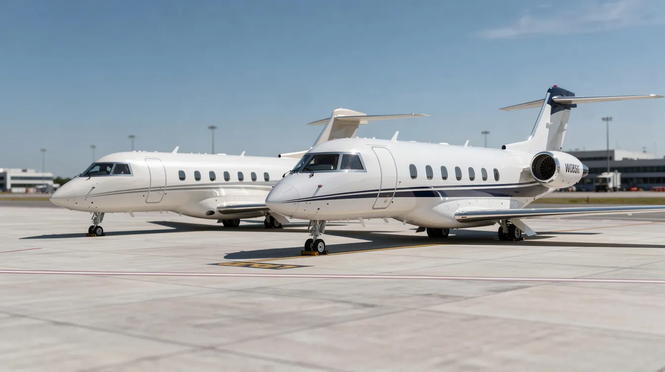 Two large private jets are parked side by side on a modern airport apron under a clear blue sky, showcasing the elegance of business aviation. These spacious jets, designed for exceptional comfort and long-range flights, highlight the advancements in private aircraft technology.