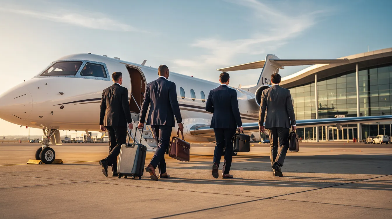A group of business professionals in suits is walking towards a mid-size private jet on a tarmac, with a modern airport terminal visible in the background. This scene highlights the essence of business aviation, showcasing the convenience and luxury of private jets for corporate travel.