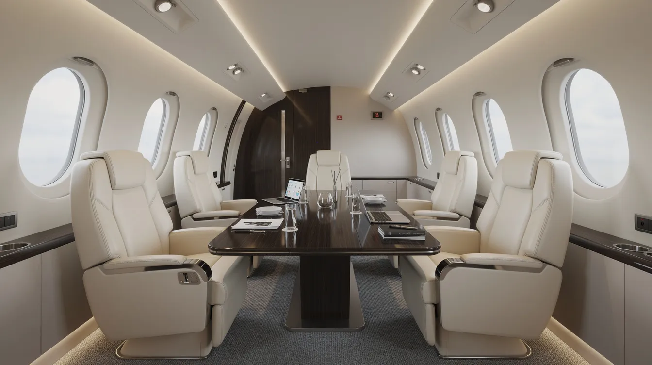 The image showcases a luxurious modern private jet cabin interior featuring cream leather seats, ambient lighting, and a conference table set for a meeting, highlighting the exceptional comfort and spacious cabin typical of business aviation. This elegant setting is designed to accommodate up to eight passengers, making it ideal for long flights in a very light jet or large cabin jet.