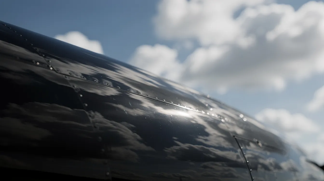 The image shows a close-up view of a glossy black aircraft fuselage, reflecting the clouds and sky like a dark mirror, highlighting the sleek design of a black private jet. This stunning visual captures the essence of luxury air travel and the allure of private aviation.