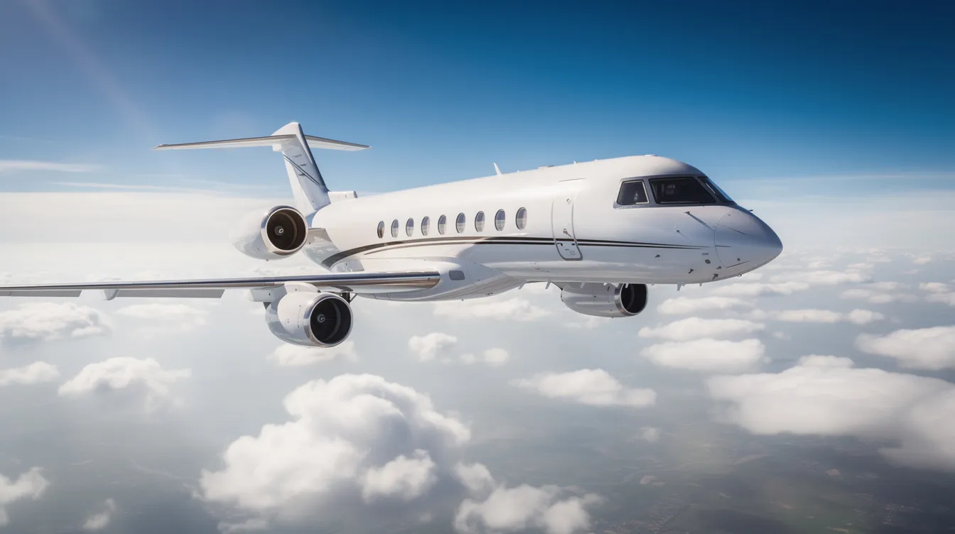 A large white private jet with dark accents soars above scattered clouds against a bright blue sky, showcasing the luxury and elegance of private air travel. This image captures the essence of private jet flights, appealing to both business and leisure travelers.